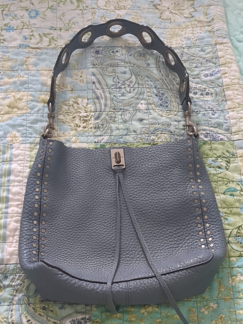 Rebecca Minkoff Textured Darren Shoulder Bag in Dusty Blue with Stud Accents